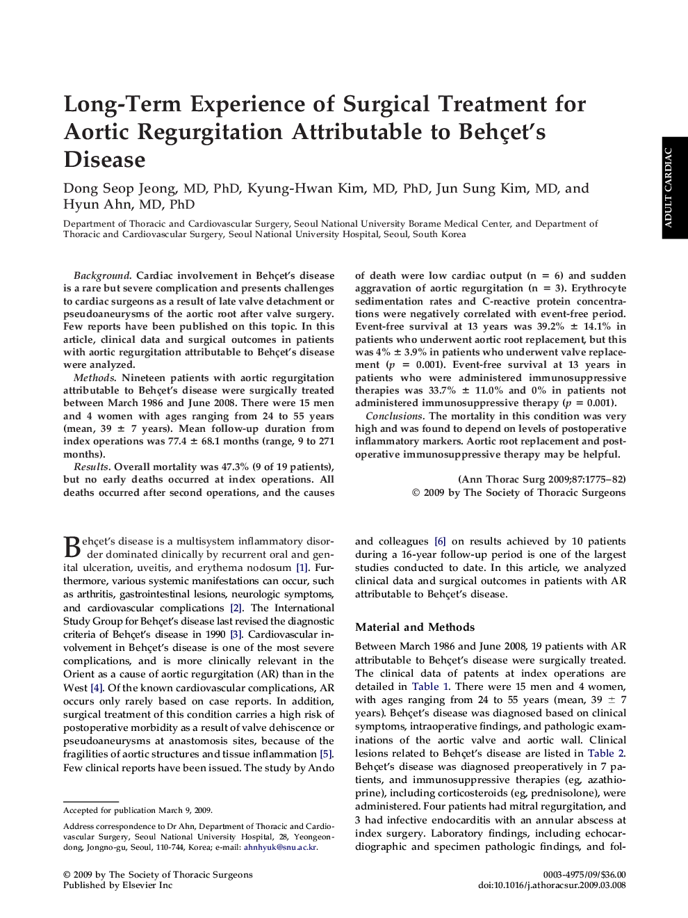 Long-Term Experience of Surgical Treatment for Aortic Regurgitation Attributable to Behçet's Disease