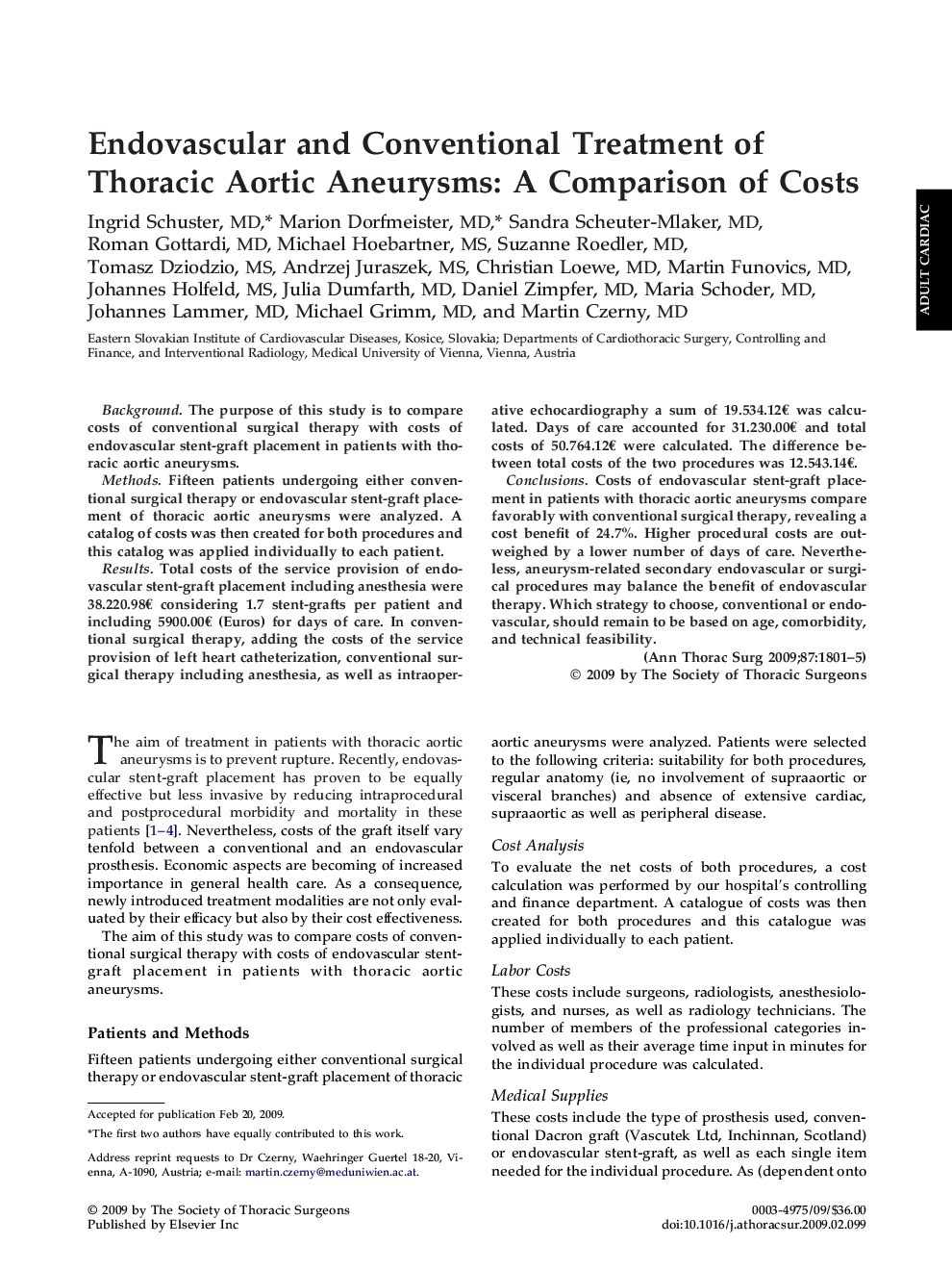 Endovascular and Conventional Treatment of Thoracic Aortic Aneurysms: A Comparison of Costs