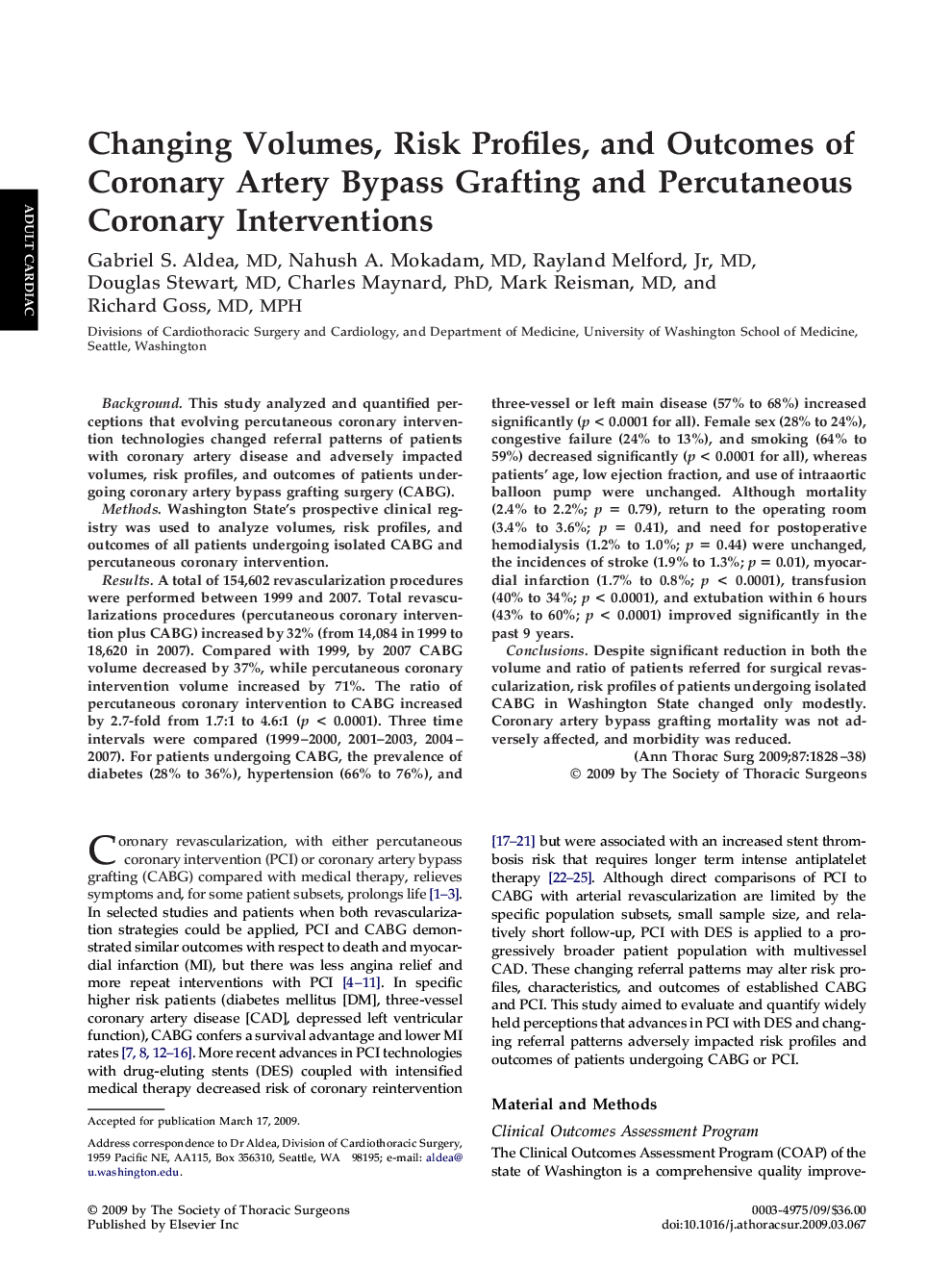 Changing Volumes, Risk Profiles, and Outcomes of Coronary Artery Bypass Grafting and Percutaneous Coronary Interventions