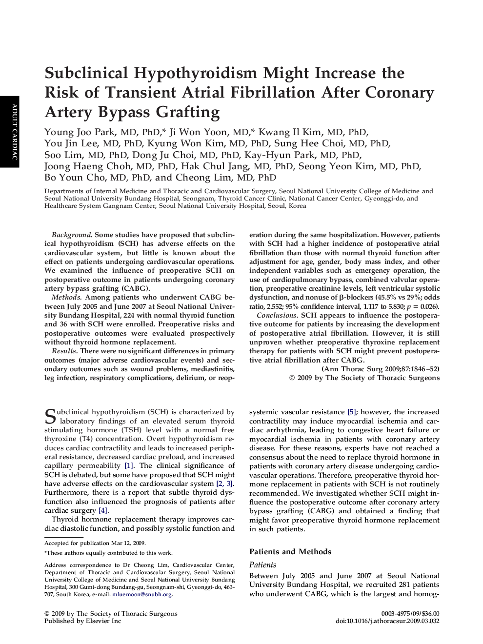 Subclinical Hypothyroidism Might Increase the Risk of Transient Atrial Fibrillation After Coronary Artery Bypass Grafting
