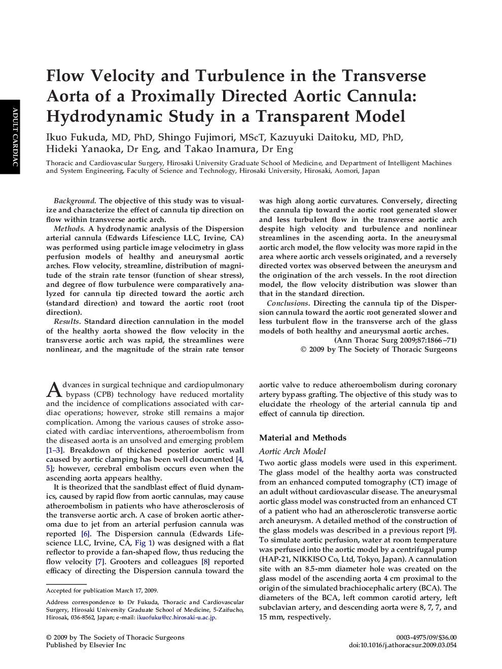 Flow Velocity and Turbulence in the Transverse Aorta of a Proximally Directed Aortic Cannula: Hydrodynamic Study in a Transparent Model