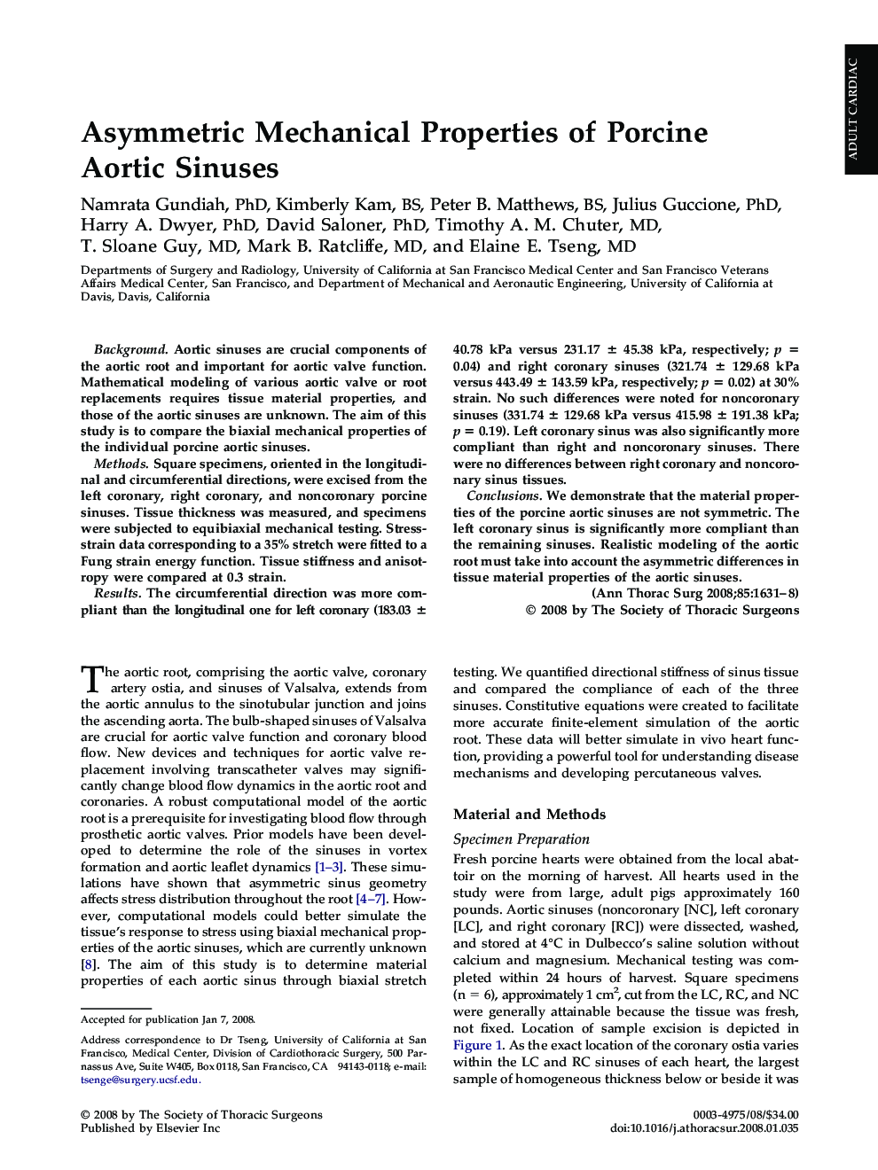 Asymmetric Mechanical Properties of Porcine Aortic Sinuses