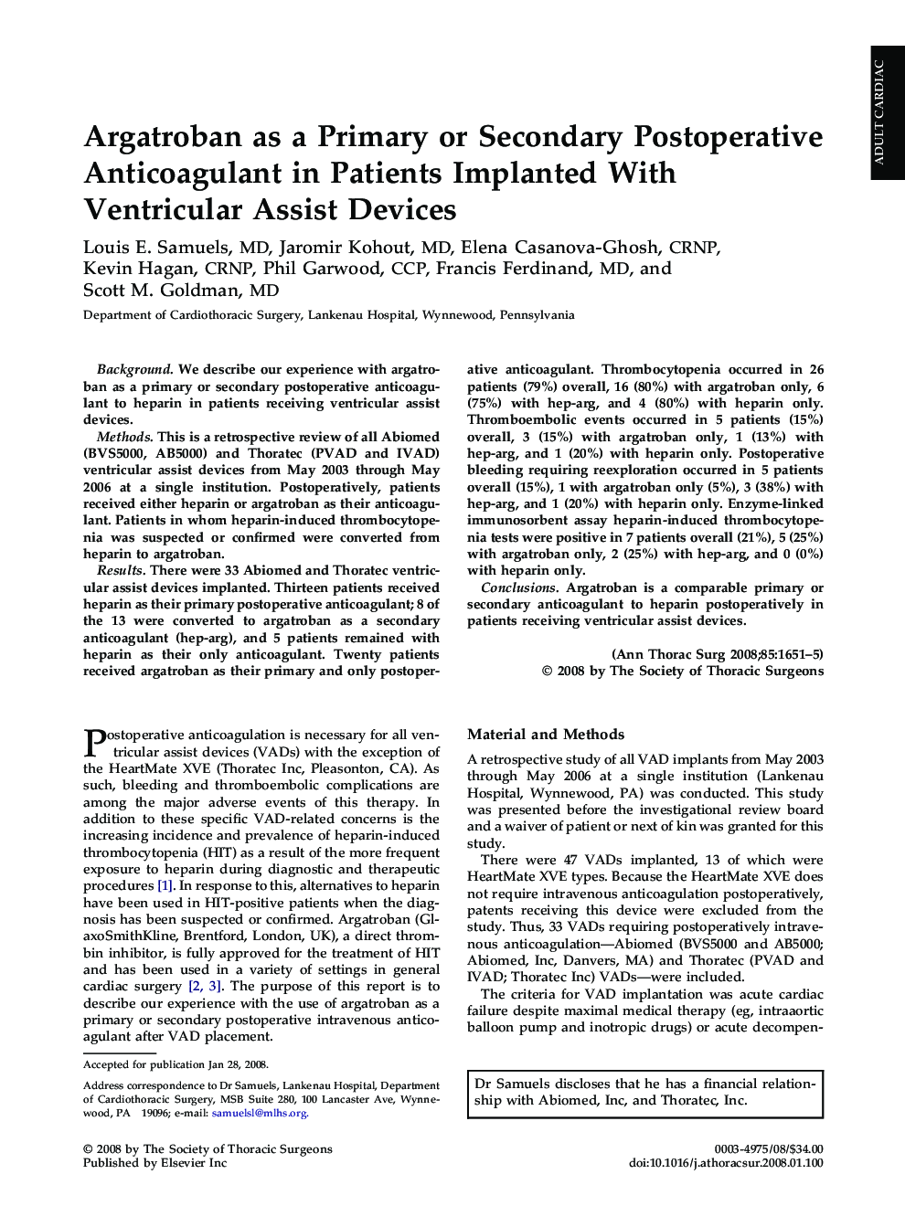 Argatroban as a Primary or Secondary Postoperative Anticoagulant in Patients Implanted With Ventricular Assist Devices