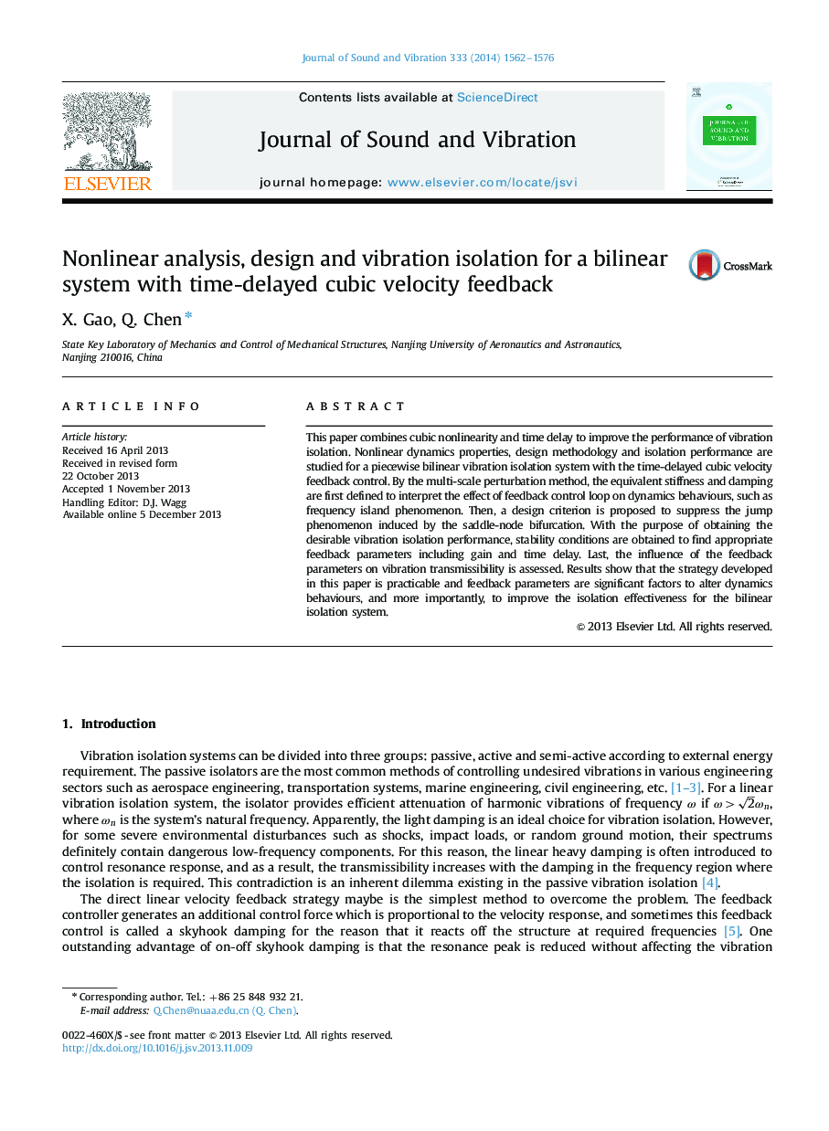 Nonlinear analysis, design and vibration isolation for a bilinear system with time-delayed cubic velocity feedback