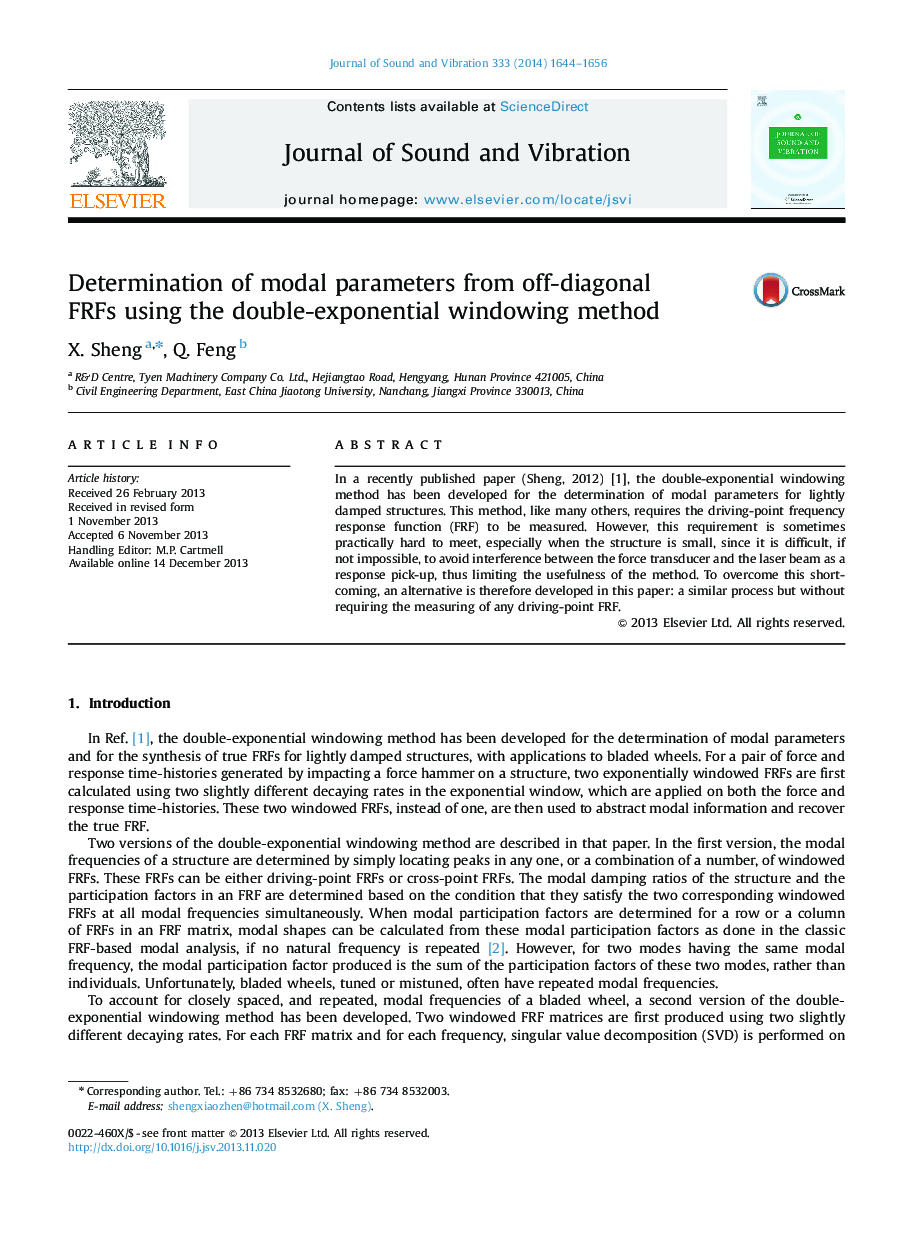 Determination of modal parameters from off-diagonal FRFs using the double-exponential windowing method