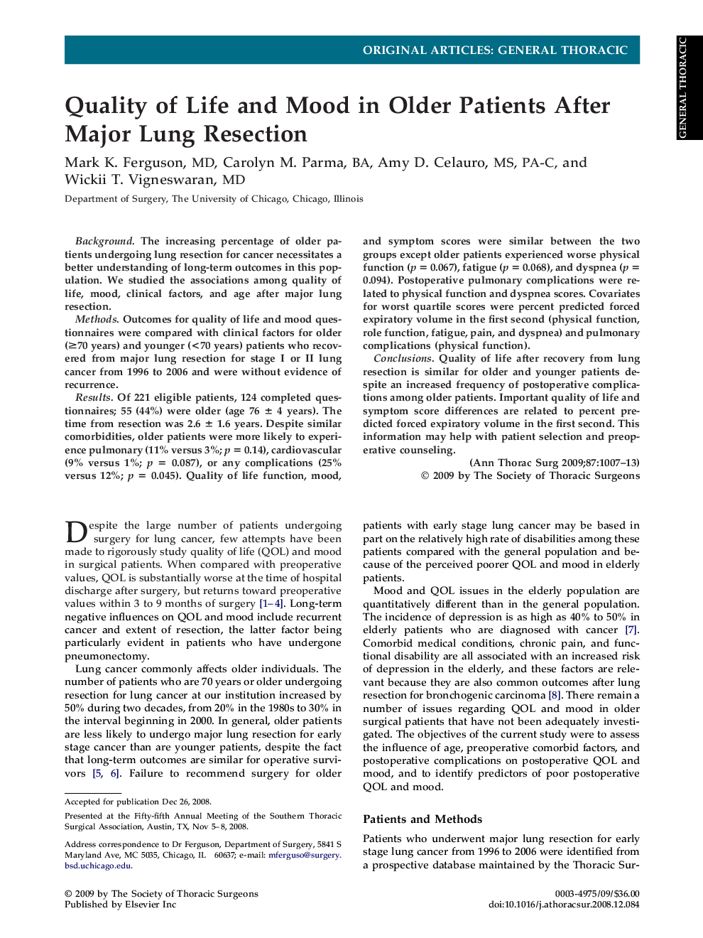 Quality of Life and Mood in Older Patients After Major Lung Resection
