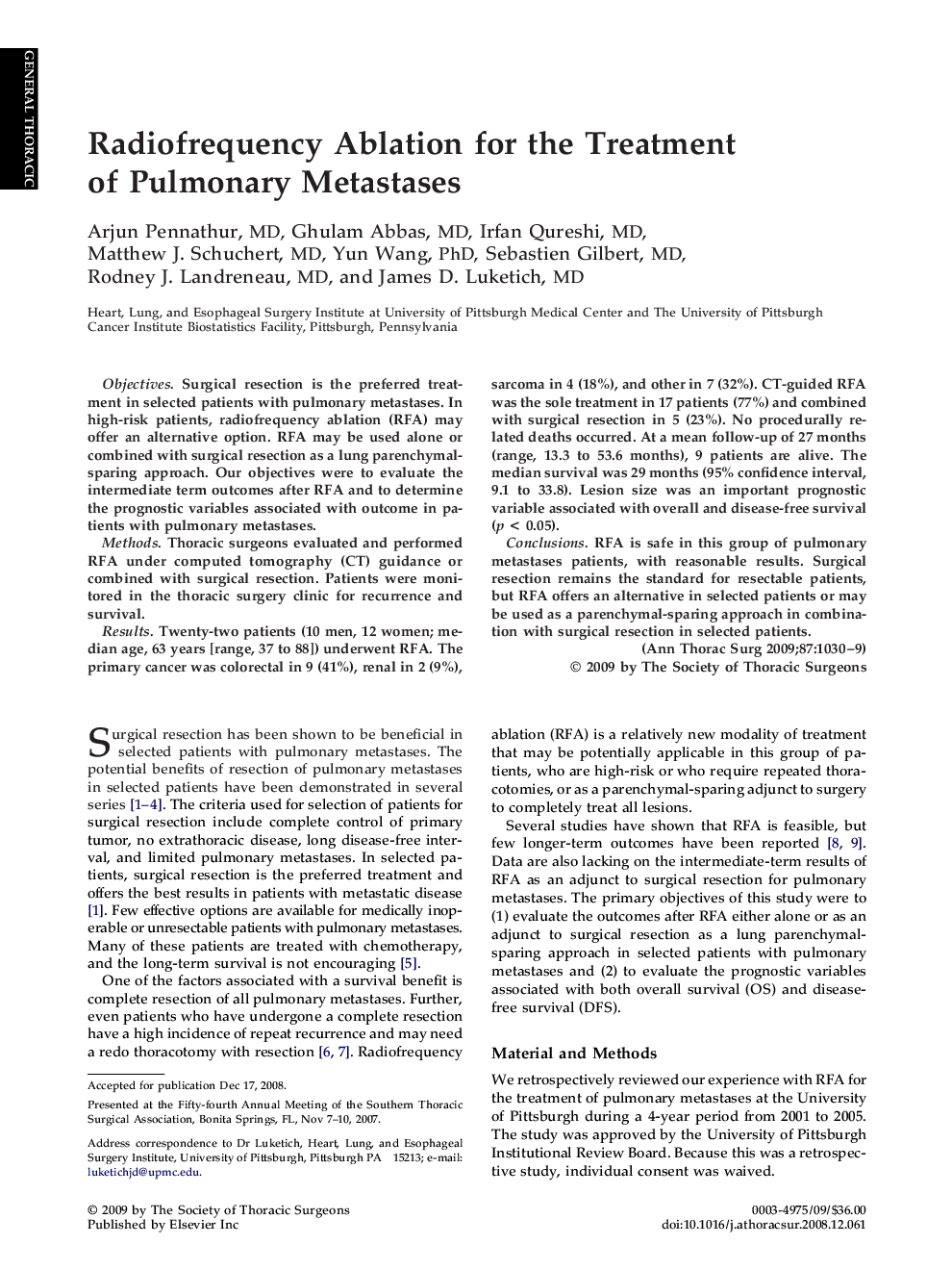 Radiofrequency Ablation for the Treatment of Pulmonary Metastases