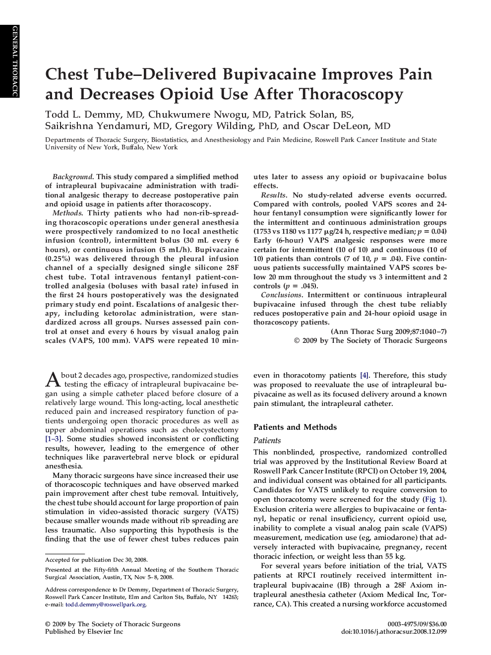 Chest Tube-Delivered Bupivacaine Improves Pain and Decreases Opioid Use After Thoracoscopy