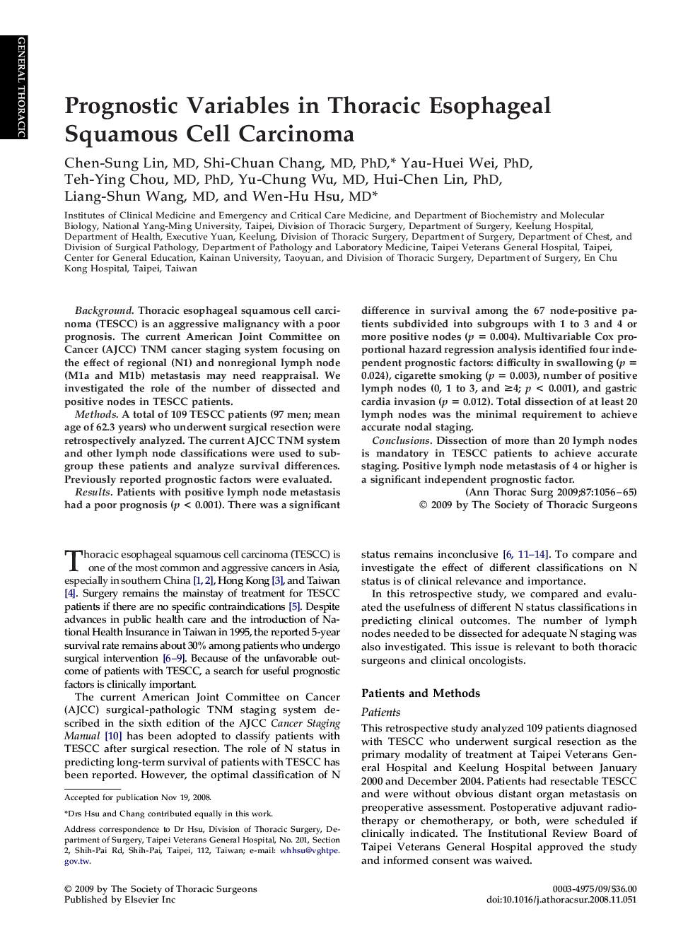 Prognostic Variables in Thoracic Esophageal Squamous Cell Carcinoma