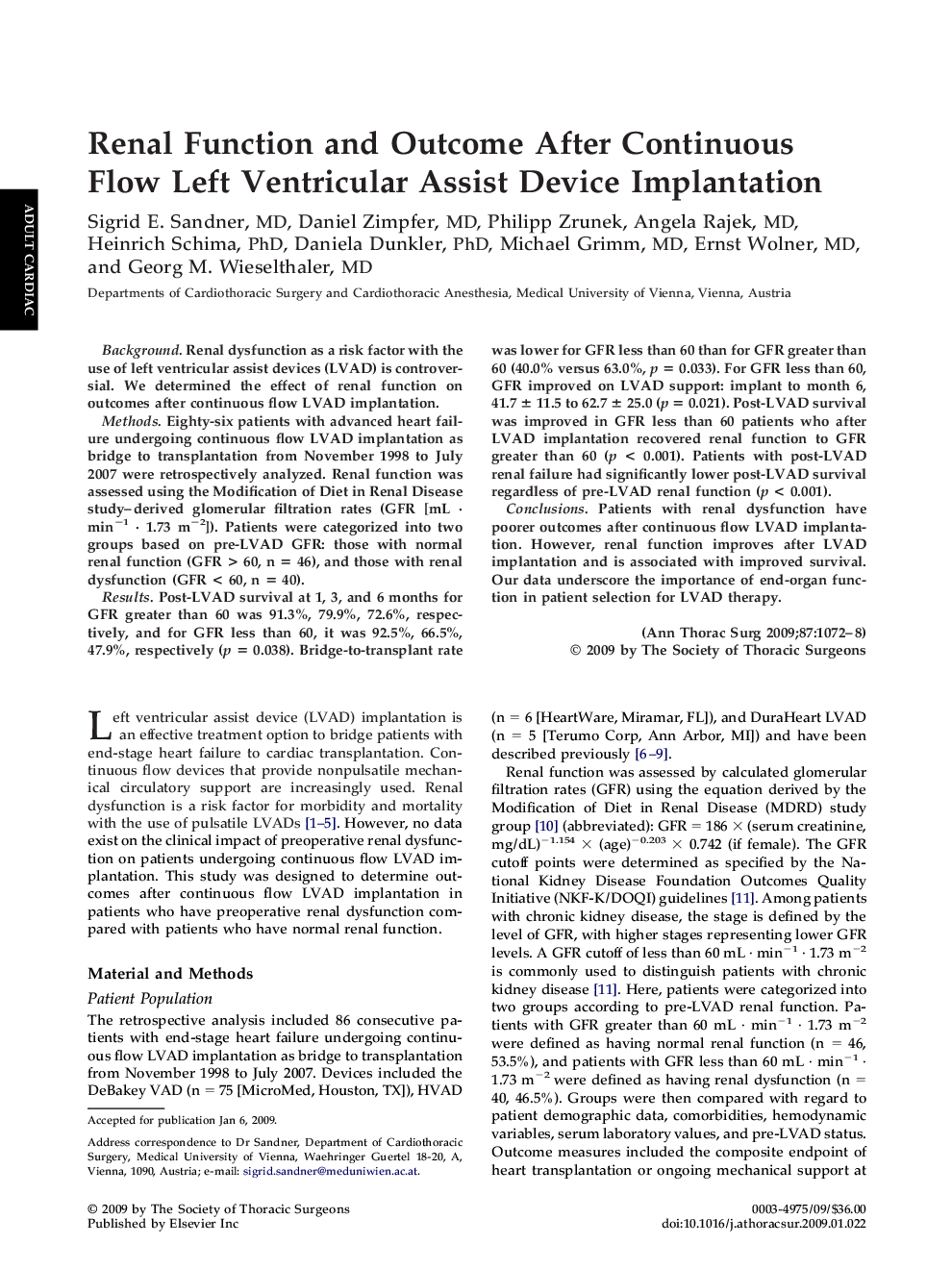Renal Function and Outcome After Continuous Flow Left Ventricular Assist Device Implantation