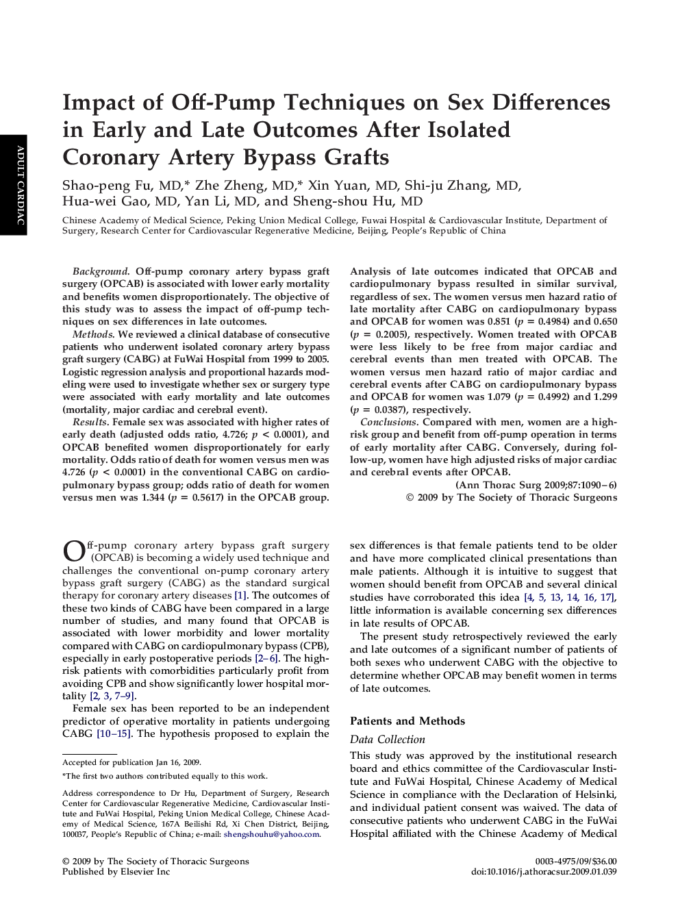 Impact of Off-Pump Techniques on Sex Differences in Early and Late Outcomes After Isolated Coronary Artery Bypass Grafts