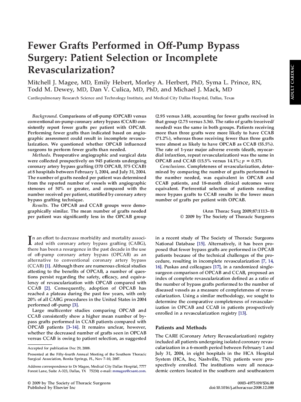 Fewer Grafts Performed in Off-Pump Bypass Surgery: Patient Selection or Incomplete Revascularization?