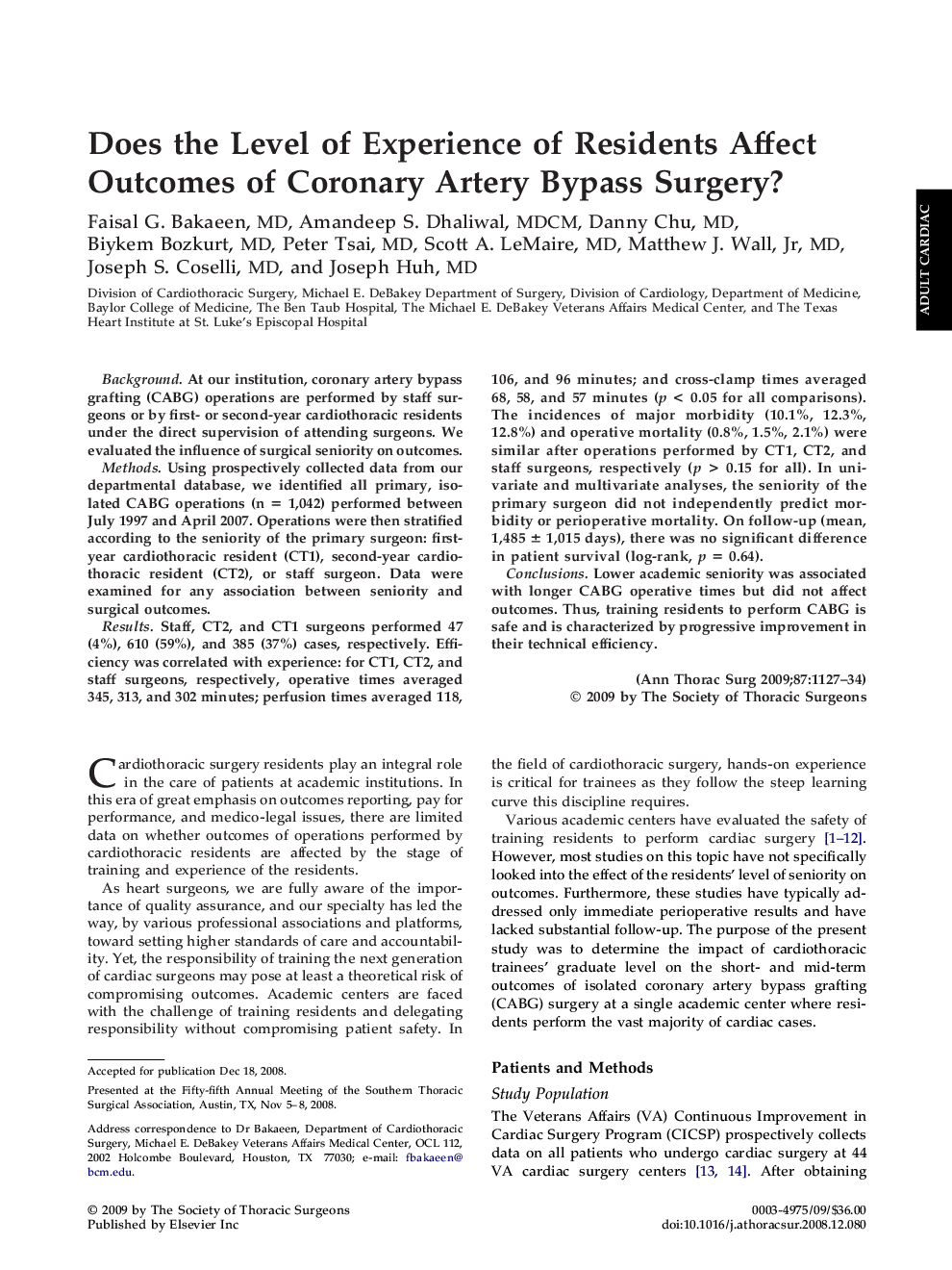 Does the Level of Experience of Residents Affect Outcomes of Coronary Artery Bypass Surgery?
