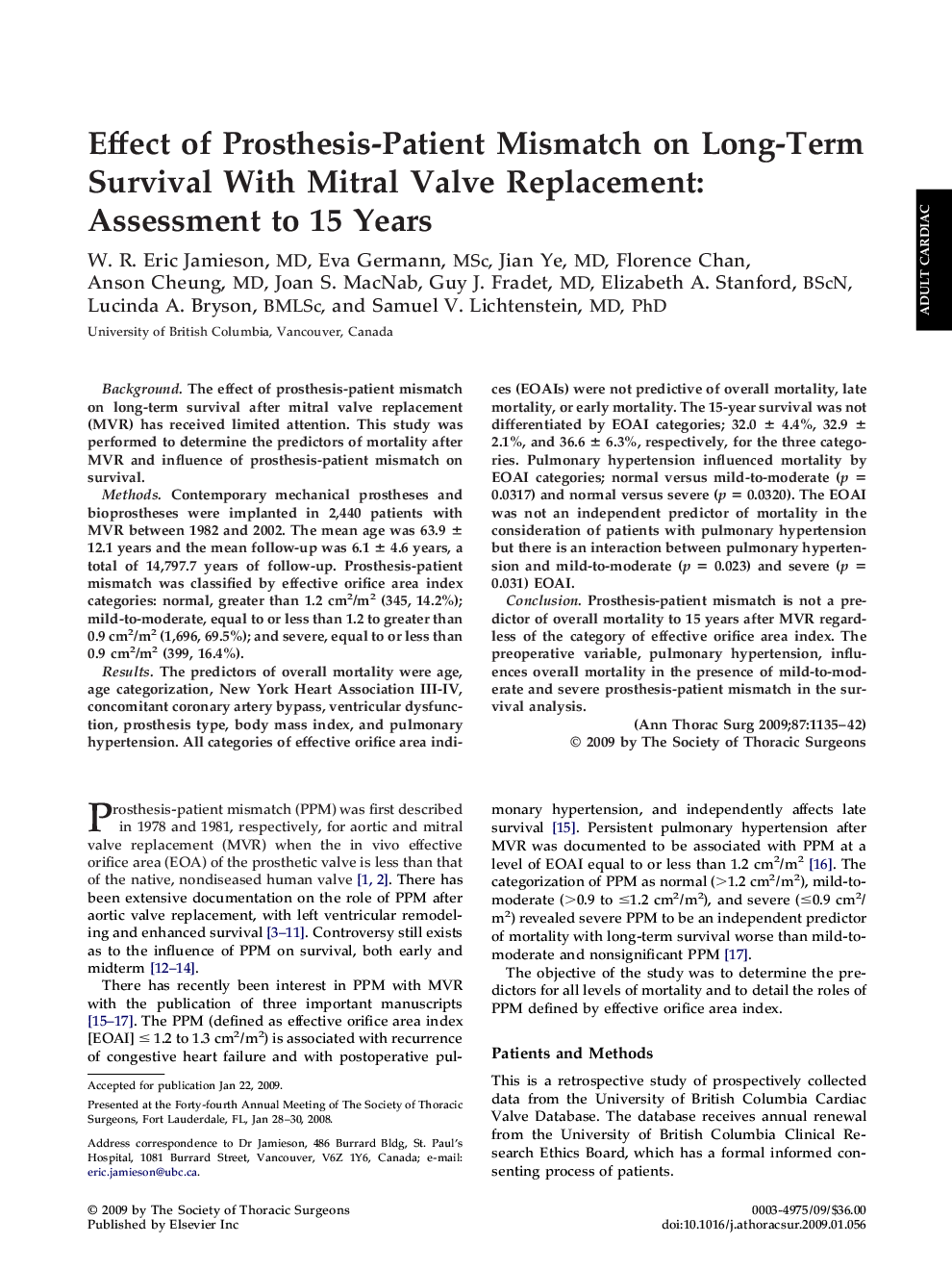 Effect of Prosthesis-Patient Mismatch on Long-Term Survival With Mitral Valve Replacement: Assessment to 15 Years