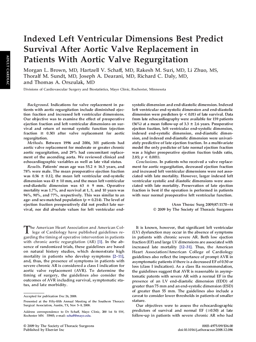 Indexed Left Ventricular Dimensions Best Predict Survival After Aortic Valve Replacement in Patients With Aortic Valve Regurgitation