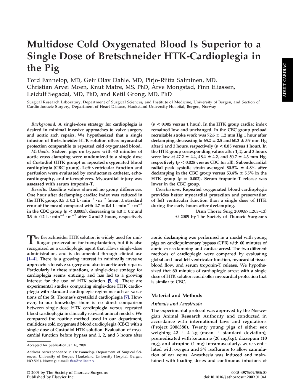 Multidose Cold Oxygenated Blood Is Superior to a Single Dose of Bretschneider HTK-Cardioplegia in the Pig