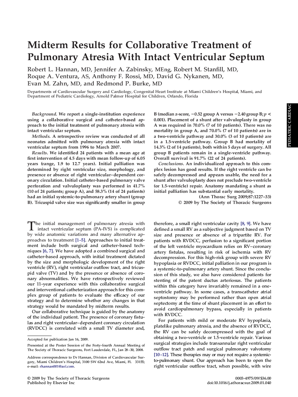 Midterm Results for Collaborative Treatment of Pulmonary Atresia With Intact Ventricular Septum