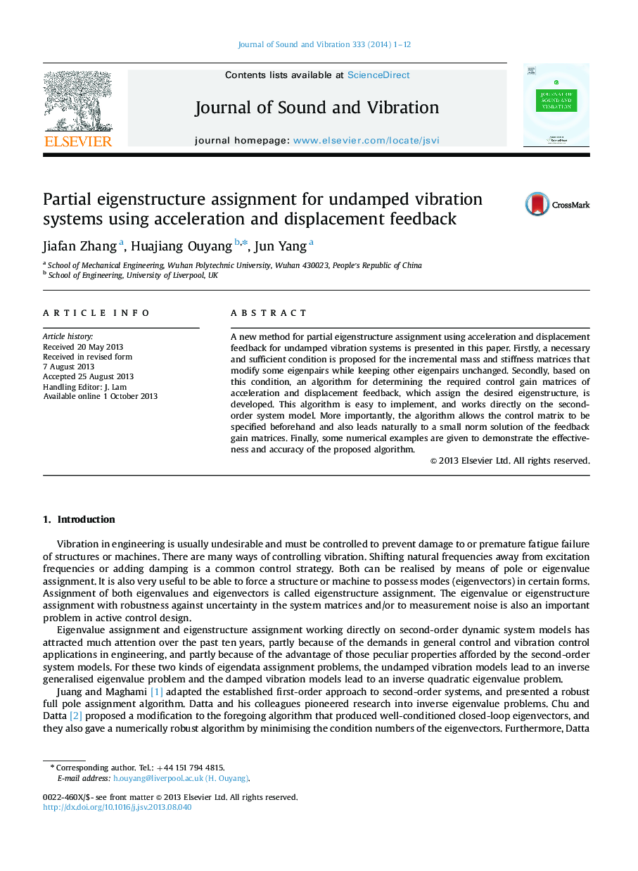 Partial eigenstructure assignment for undamped vibration systems using acceleration and displacement feedback