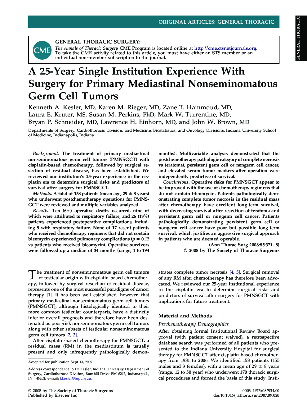 A 25-Year Single Institution Experience With Surgery for Primary Mediastinal Nonseminomatous Germ Cell Tumors
