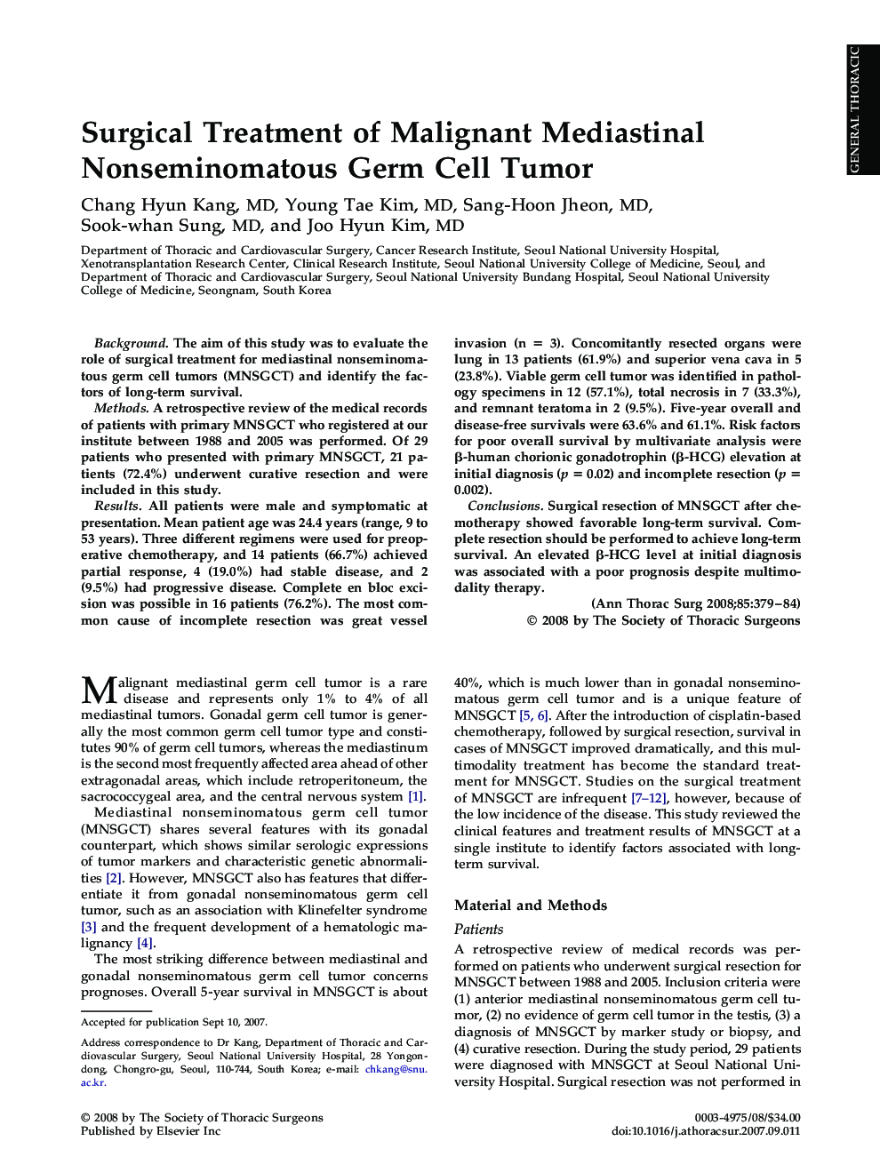 Surgical Treatment of Malignant Mediastinal Nonseminomatous Germ Cell Tumor