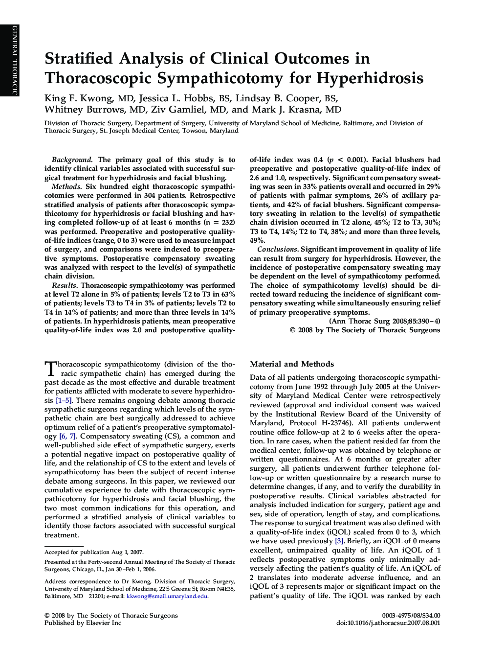 Stratified Analysis of Clinical Outcomes in Thoracoscopic Sympathicotomy for Hyperhidrosis