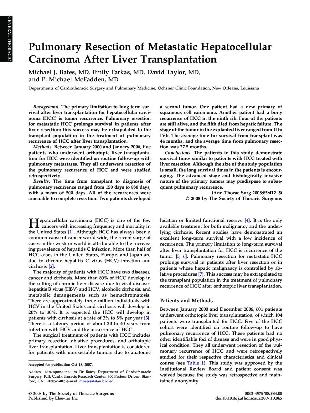 Pulmonary Resection of Metastatic Hepatocellular Carcinoma After Liver Transplantation
