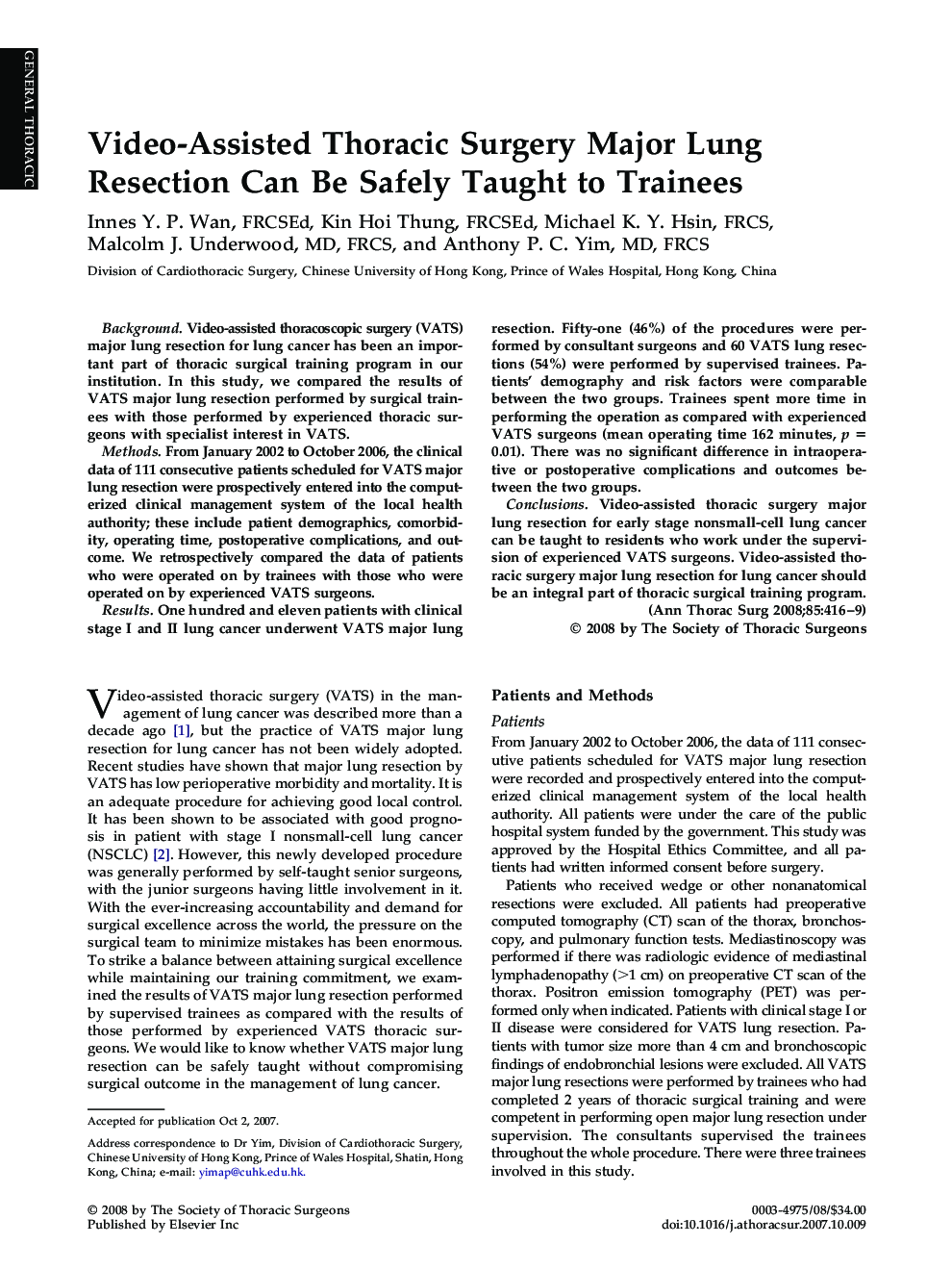 Video-Assisted Thoracic Surgery Major Lung Resection Can Be Safely Taught to Trainees