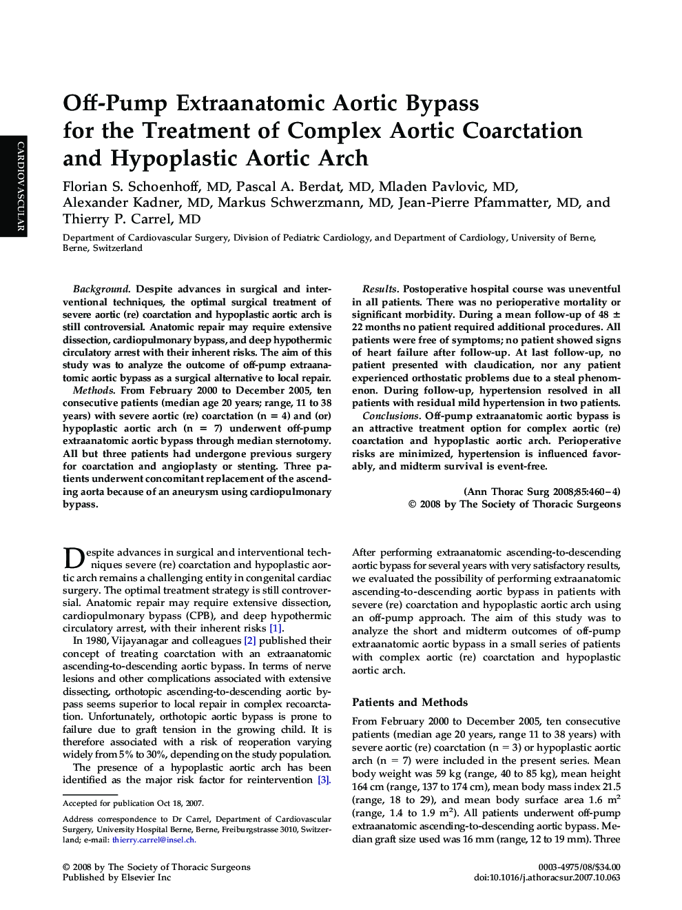 Off-Pump Extraanatomic Aortic Bypass for the Treatment of Complex Aortic Coarctation and Hypoplastic Aortic Arch