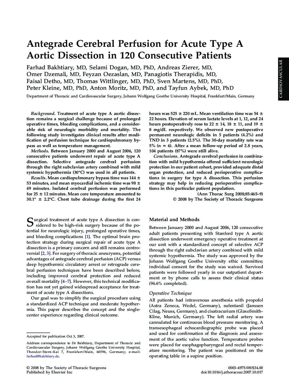 Antegrade Cerebral Perfusion for Acute Type A Aortic Dissection in 120 Consecutive Patients