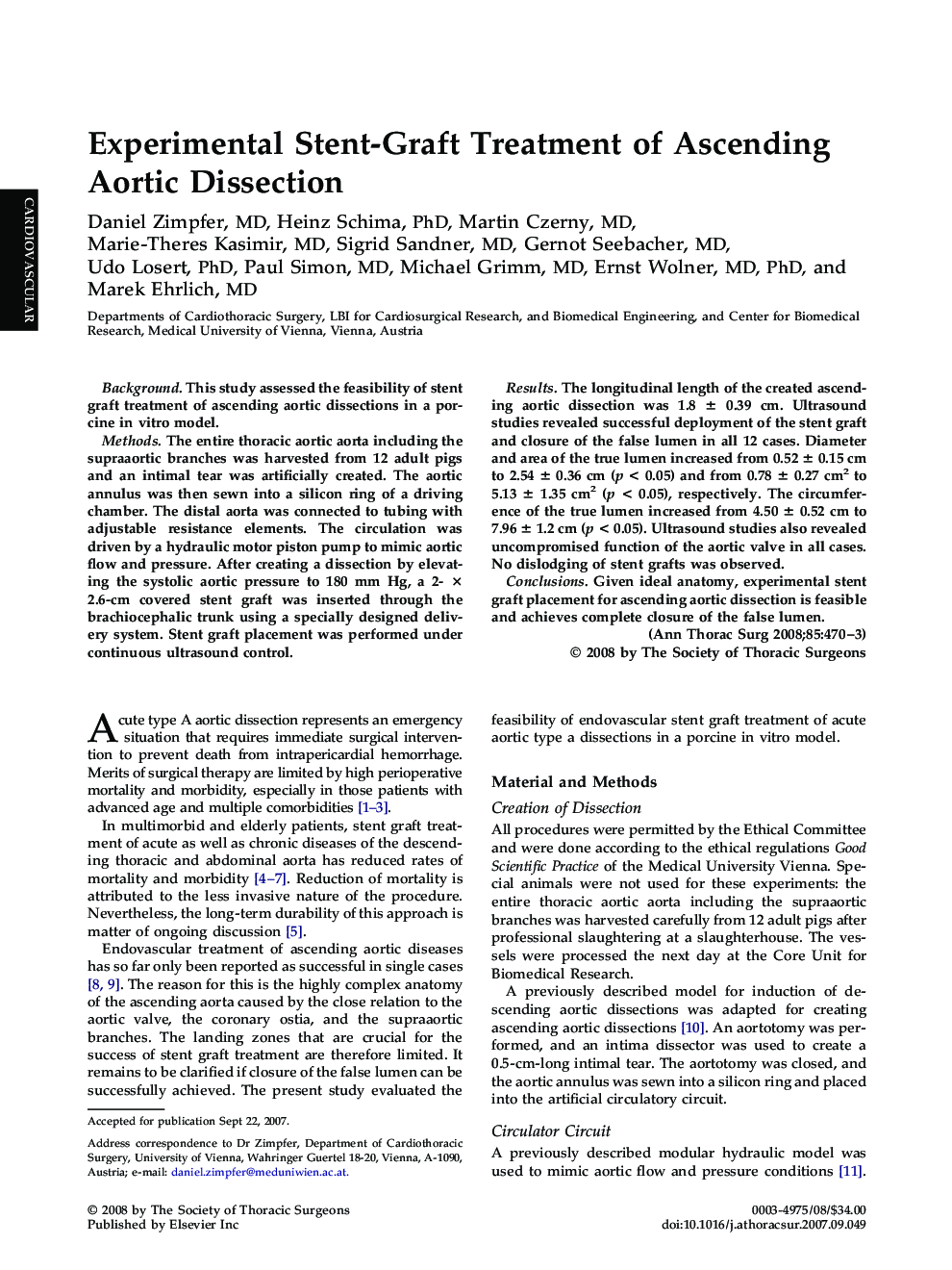 Experimental Stent-Graft Treatment of Ascending Aortic Dissection