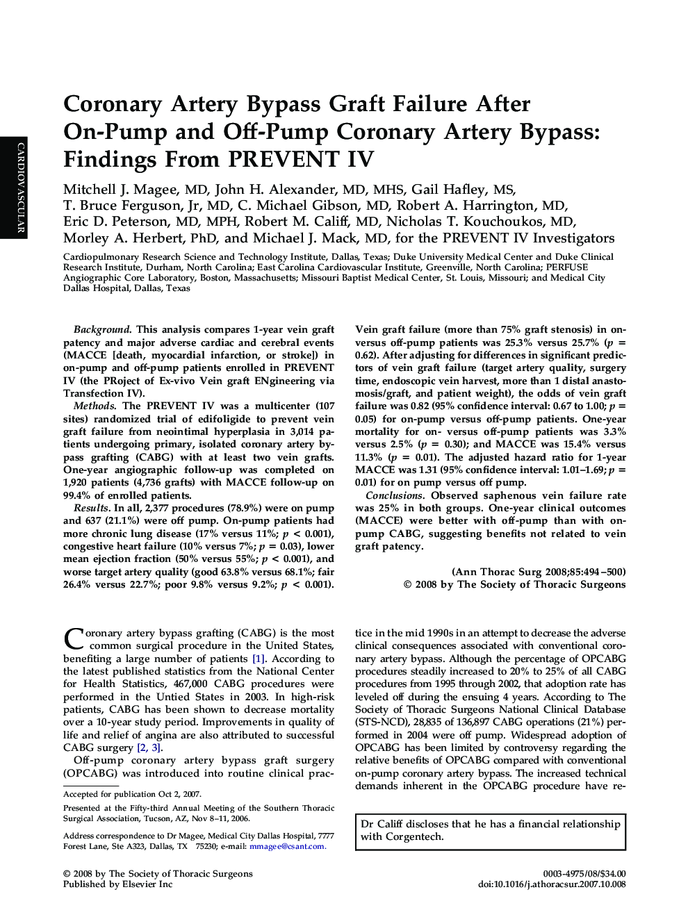 Coronary Artery Bypass Graft Failure After On-Pump and Off-Pump Coronary Artery Bypass: Findings From PREVENT IV
