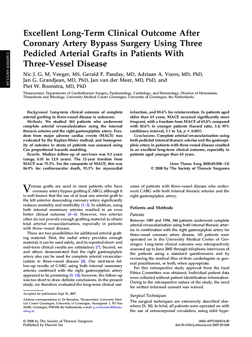 Excellent Long-Term Clinical Outcome After Coronary Artery Bypass Surgery Using Three Pedicled Arterial Grafts in Patients With Three-Vessel Disease