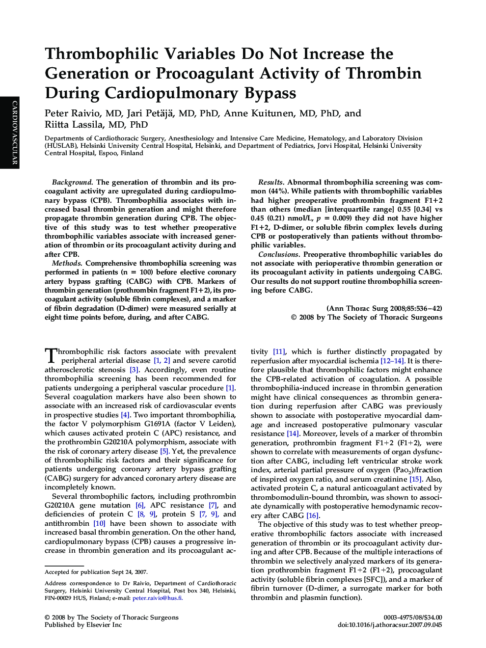 Thrombophilic Variables Do Not Increase the Generation or Procoagulant Activity of Thrombin During Cardiopulmonary Bypass
