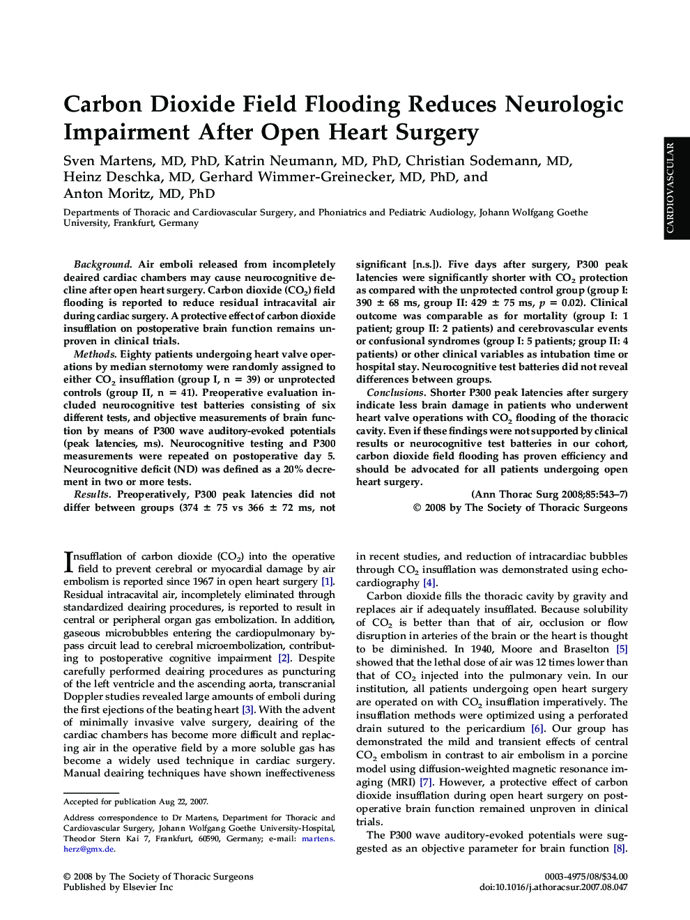 Carbon Dioxide Field Flooding Reduces Neurologic Impairment After Open Heart Surgery