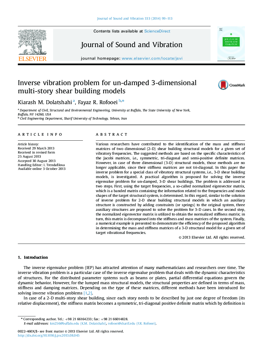 Inverse vibration problem for un-damped 3-dimensional multi-story shear building models