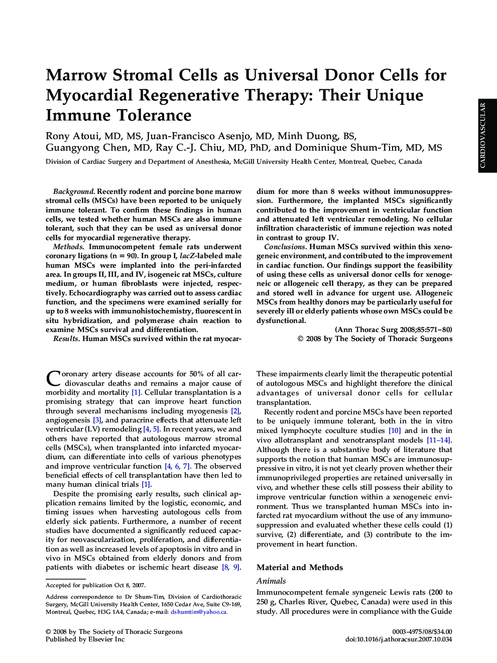 Marrow Stromal Cells as Universal Donor Cells for Myocardial Regenerative Therapy: Their Unique Immune Tolerance
