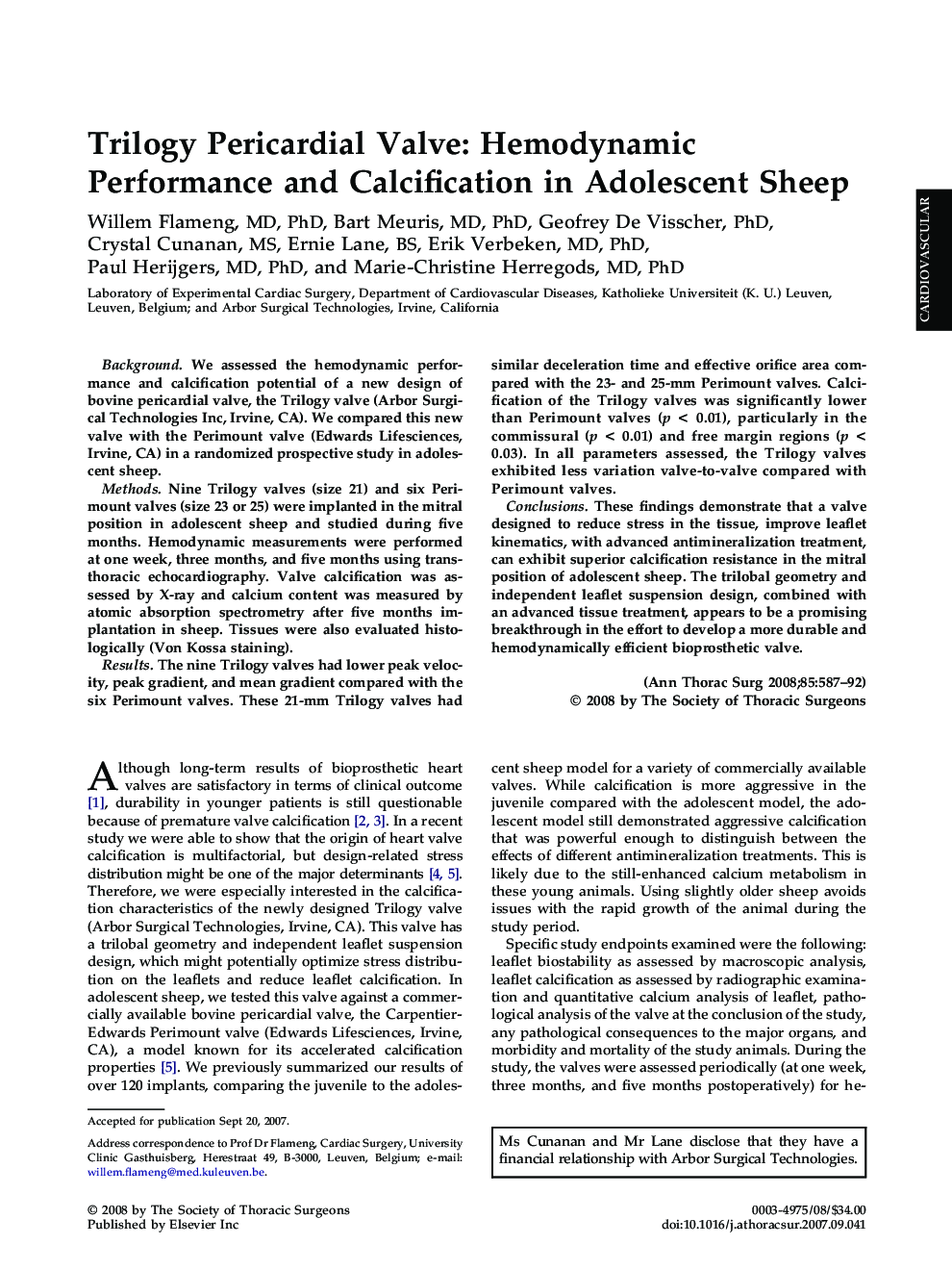Trilogy Pericardial Valve: Hemodynamic Performance and Calcification in Adolescent Sheep