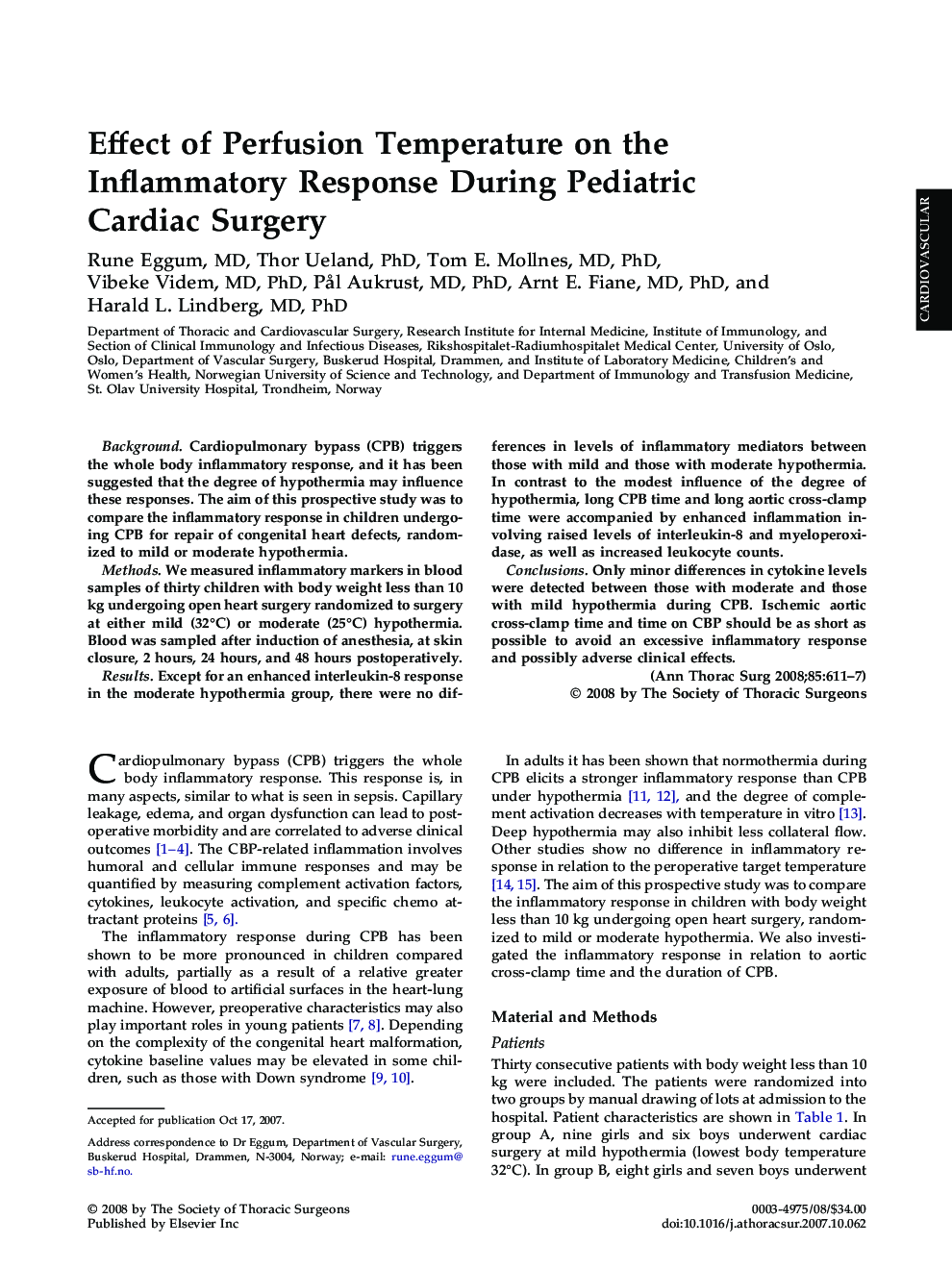 Effect of Perfusion Temperature on the Inflammatory Response During Pediatric Cardiac Surgery