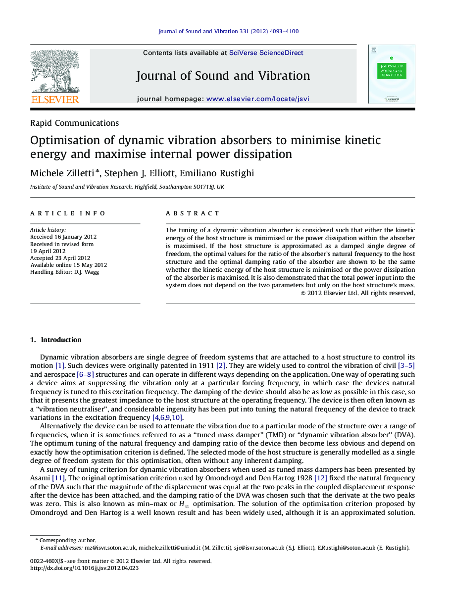 Optimisation of dynamic vibration absorbers to minimise kinetic energy and maximise internal power dissipation