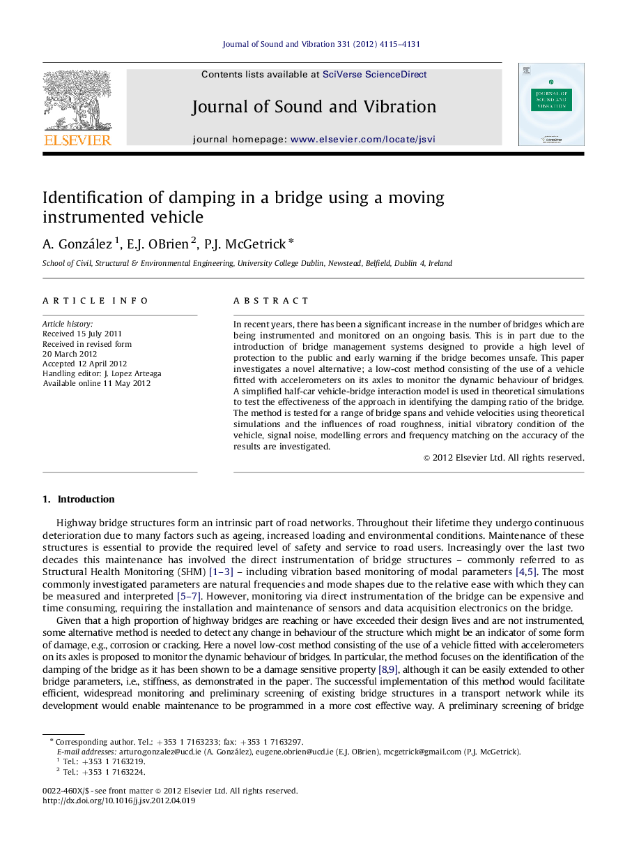 Identification of damping in a bridge using a moving instrumented vehicle
