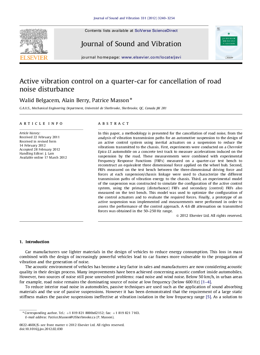 Active vibration control on a quarter-car for cancellation of road noise disturbance