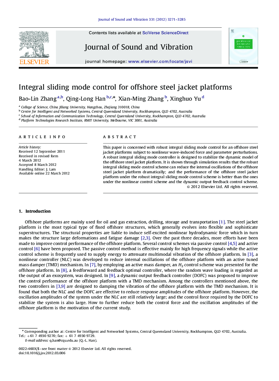 Integral sliding mode control for offshore steel jacket platforms