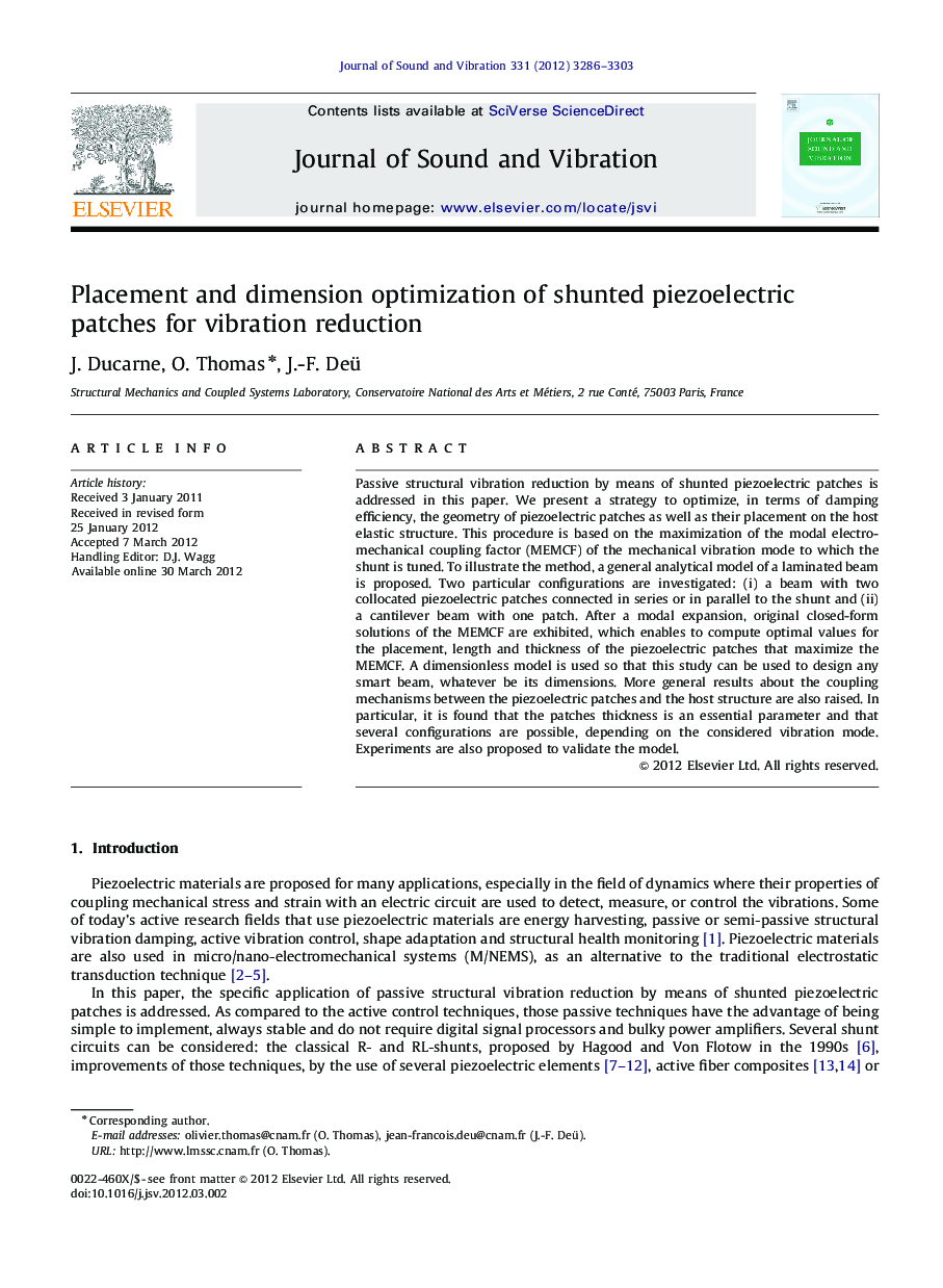 Placement and dimension optimization of shunted piezoelectric patches for vibration reduction