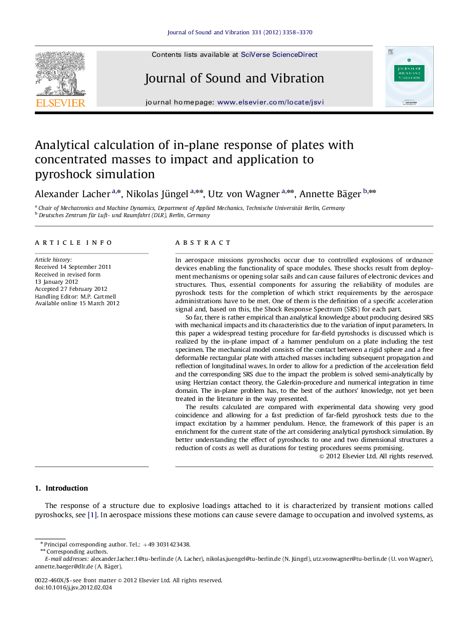 Analytical calculation of in-plane response of plates with concentrated masses to impact and application to pyroshock simulation