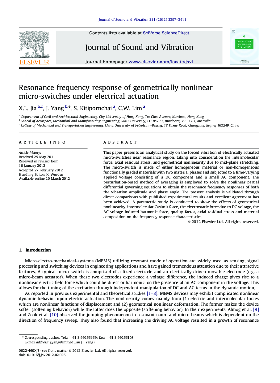 Resonance frequency response of geometrically nonlinear micro-switches under electrical actuation