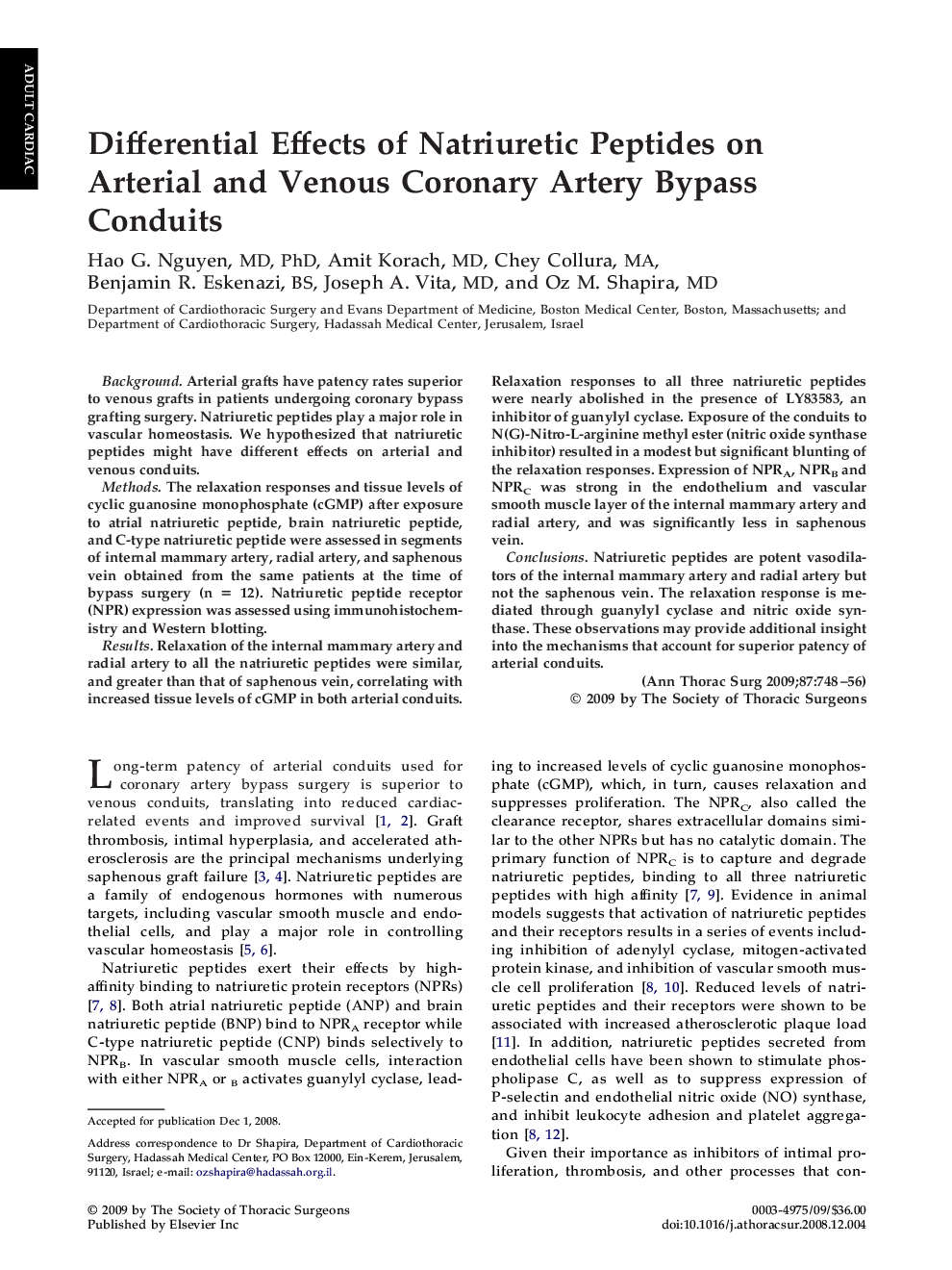 Differential Effects of Natriuretic Peptides on Arterial and Venous Coronary Artery Bypass Conduits