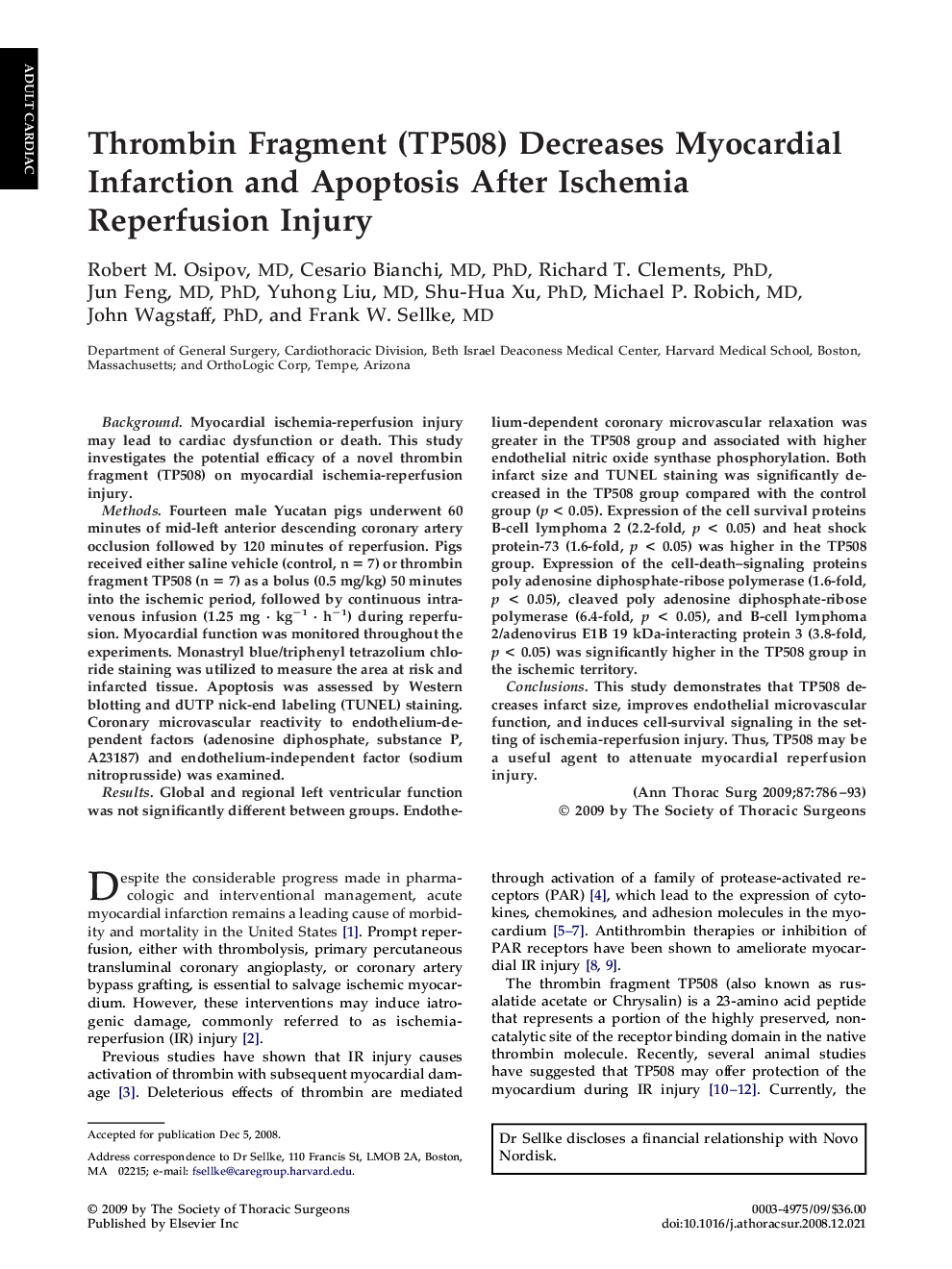 Thrombin Fragment (TP508) Decreases Myocardial Infarction and Apoptosis After Ischemia Reperfusion Injury