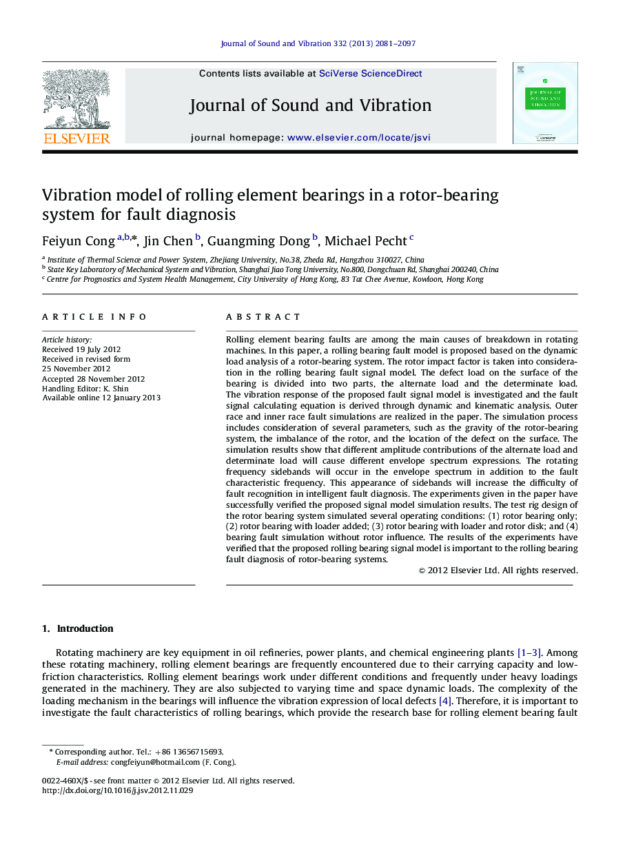 Vibration model of rolling element bearings in a rotor-bearing system for fault diagnosis