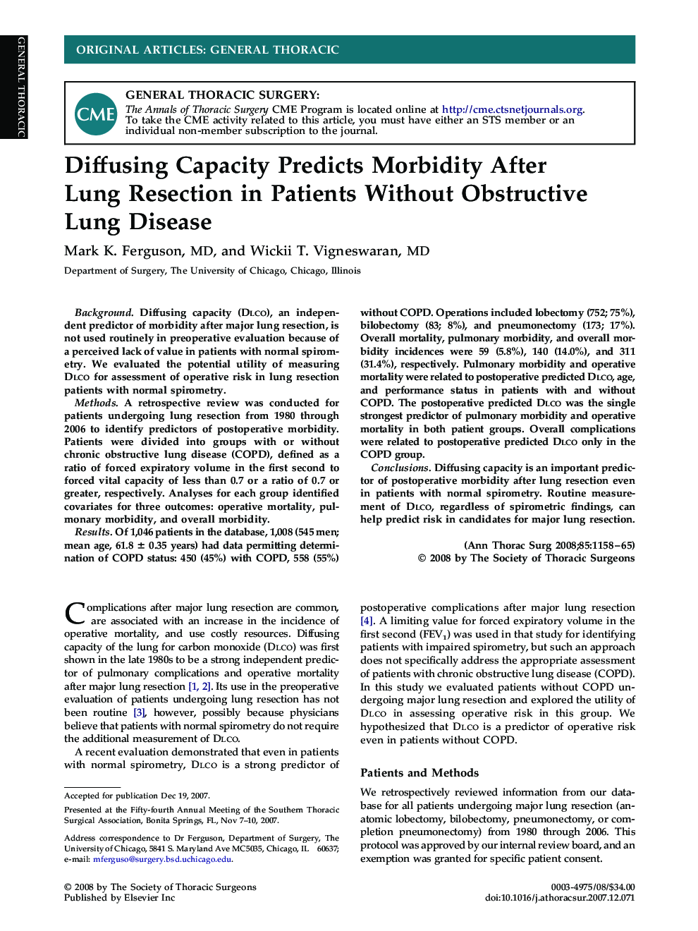 Diffusing Capacity Predicts Morbidity After Lung Resection in Patients Without Obstructive Lung Disease