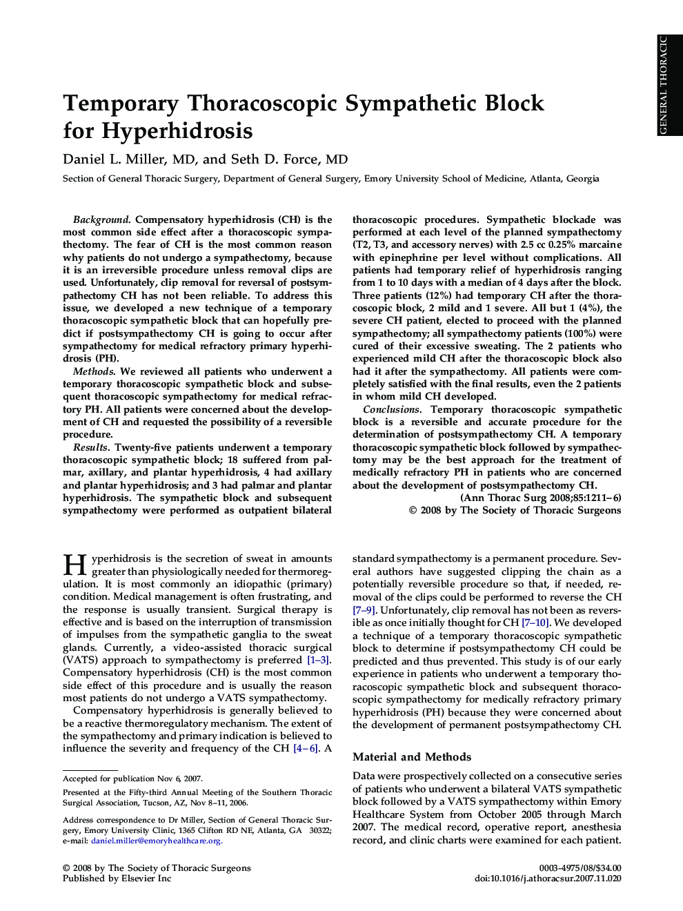Temporary Thoracoscopic Sympathetic Block for Hyperhidrosis